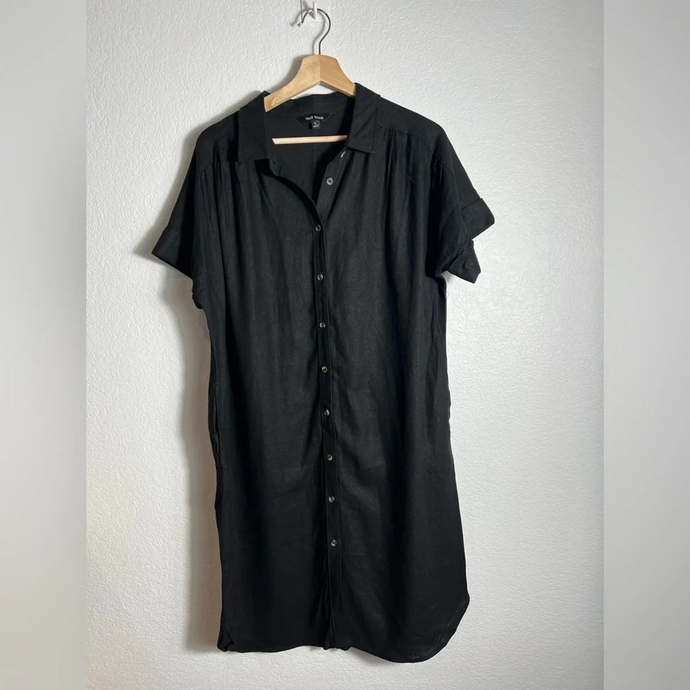 NWT‎ well worn button down shirt black linen dress with pockets